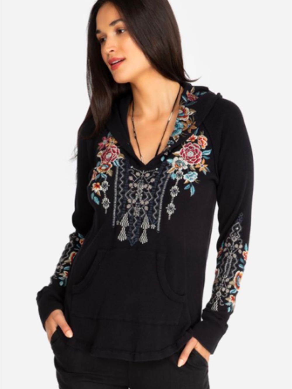 Johnny Was Eleni Hooded Black Thermal Sweater Floral Embroidered Front Pocket PM